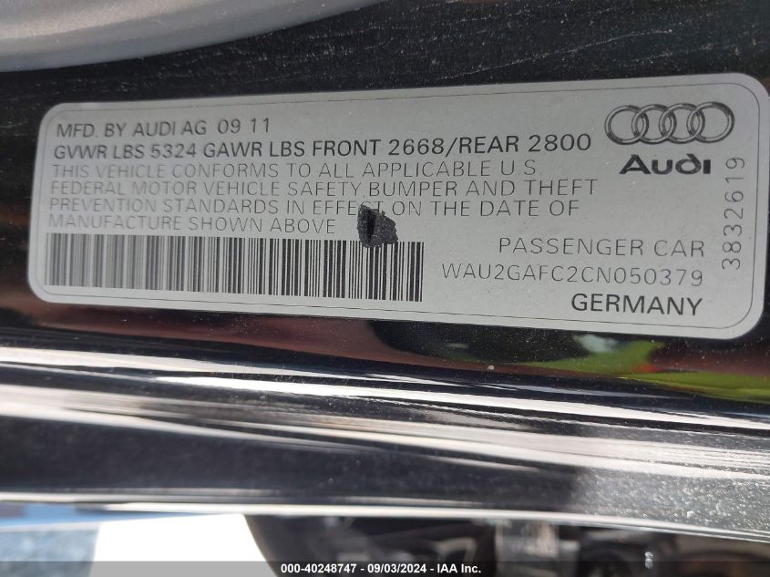 2012 Audi A7 Premium VIN: WAU2GAFC2CN050379 Lot: 40248747