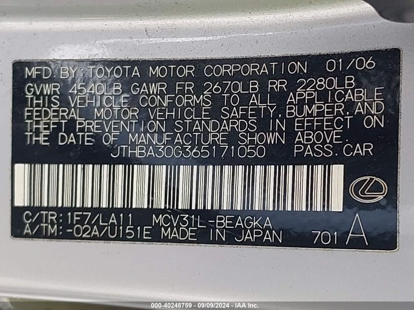 JTHBA30G365171050 2006 Lexus Es 330