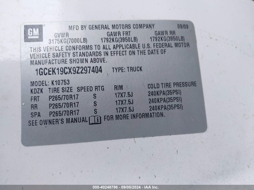 1GCEK19CX9Z297404 2009 Chevrolet Silverado K1500