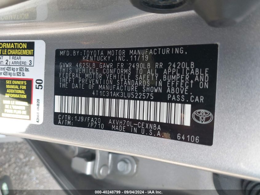 2020 Toyota Camry Le Hybrid VIN: 4T1C31AK3LU522575 Lot: 40248799