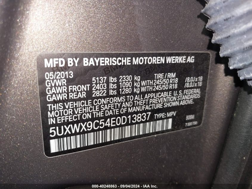 2014 BMW X3 xDrive28I VIN: 5UXWX9C54E0D13837 Lot: 40248863