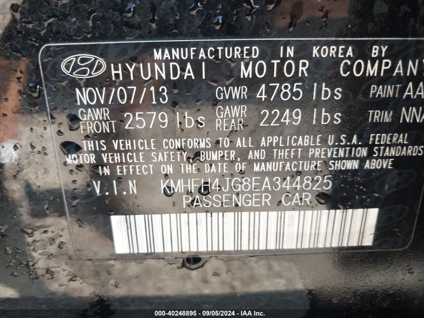 2014 Hyundai Azera Limited VIN: KMHFH4JG8EA344825 Lot: 40248895