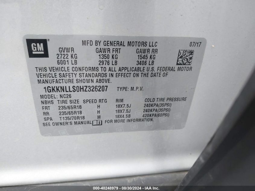 2017 GMC Acadia Sle-2 VIN: 1GKKNLLS0HZ326207 Lot: 40248979