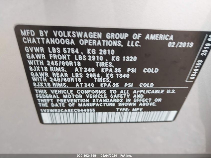 2019 Volkswagen Atlas 3.6L V6 Se W/Technology VIN: 1V2WR2CA5KC544655 Lot: 40248991