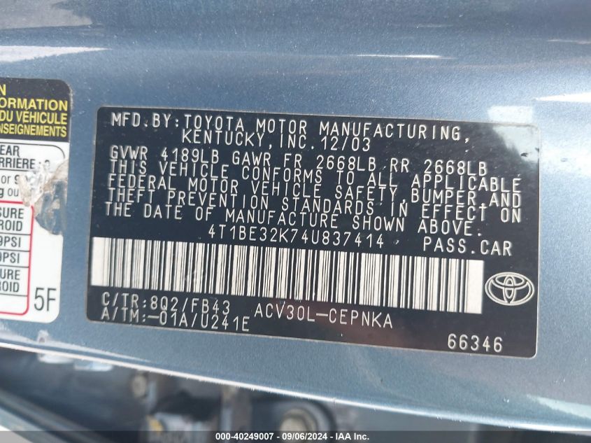 4T1BE32K74U837414 2004 Toyota Camry Le