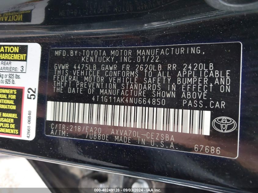 2022 Toyota Camry Se VIN: 4T1G11AK4NU664850 Lot: 40249128