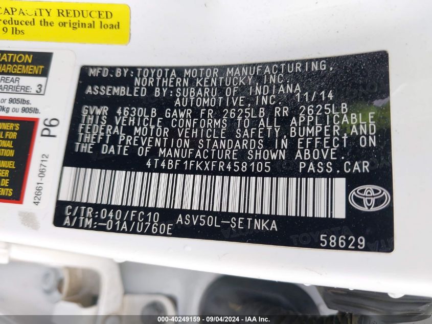 2015 Toyota Camry Le VIN: 4T4BF1FKXFR458105 Lot: 40249159