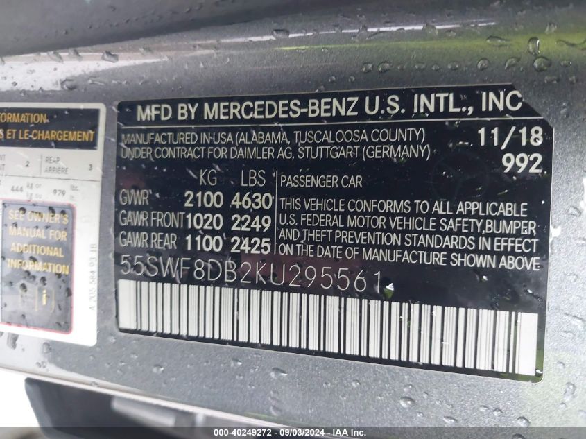 VIN 55SWF8DB2KU295561 2019 Mercedes-Benz C 300 no.9