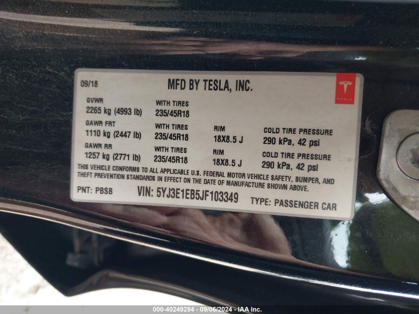 2018 TESLA MODEL 3 LONG RANGE/PERFORMANCE - 5YJ3E1EB5JF103349