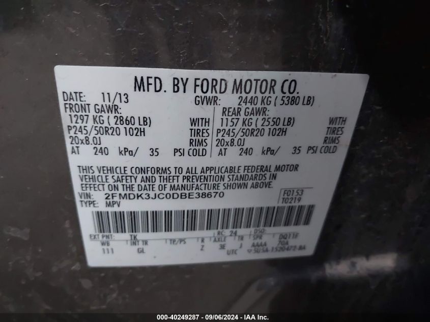 2013 Ford Edge Sel VIN: 2FMDK3JC0DBE38670 Lot: 40249287