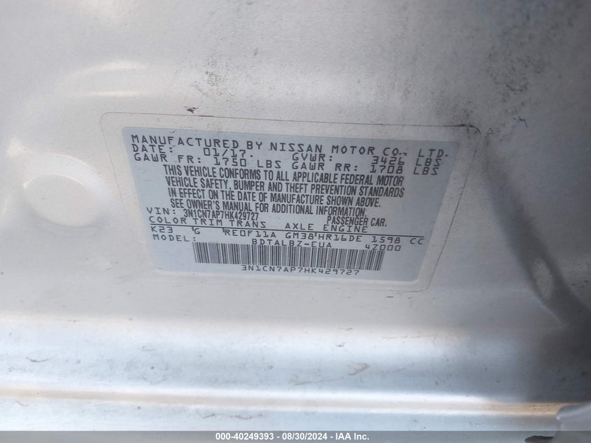 2017 NISSAN VERSA 1.6 SV - 3N1CN7AP7HK429727