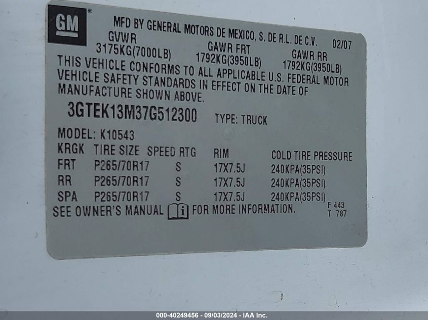 3GTEK13M37G512300 2007 GMC Sierra 1500 Slt