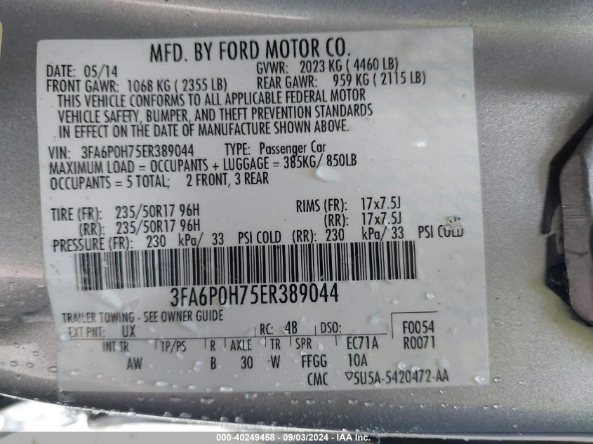 2014 Ford Fusion Se VIN: 3FA6P0H75ER389044 Lot: 40249458