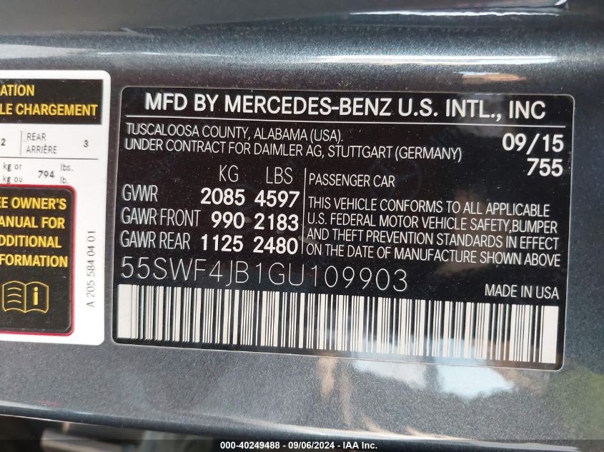 2016 Mercedes-Benz C 300 Luxury/Sport VIN: 55SWF4JB1GU109903 Lot: 40249488