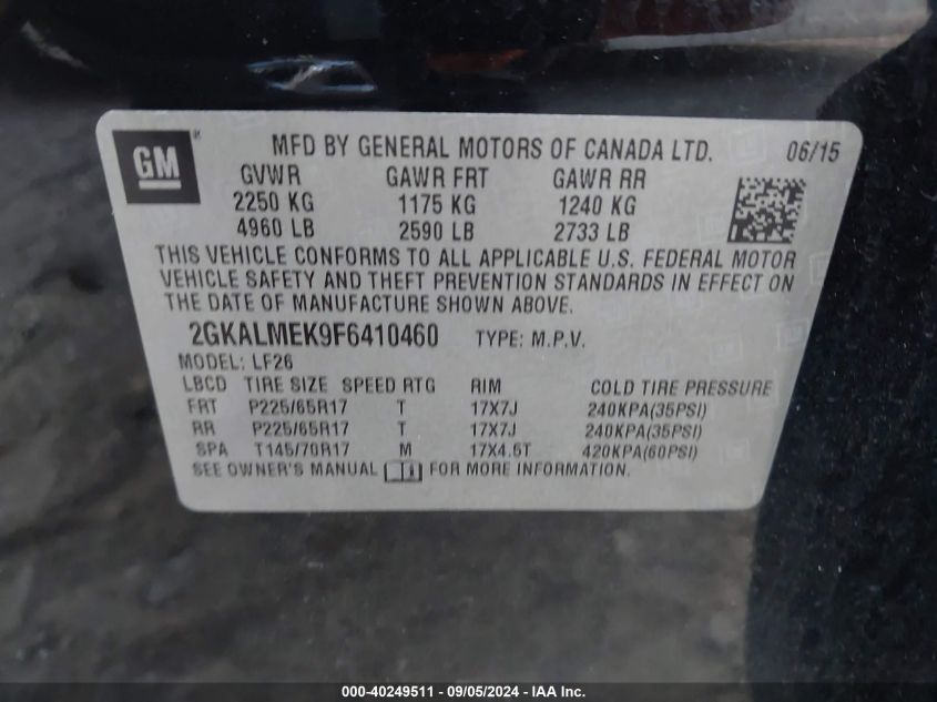 2015 GMC Terrain Sle VIN: 2GKALMEK9F6410460 Lot: 40249511