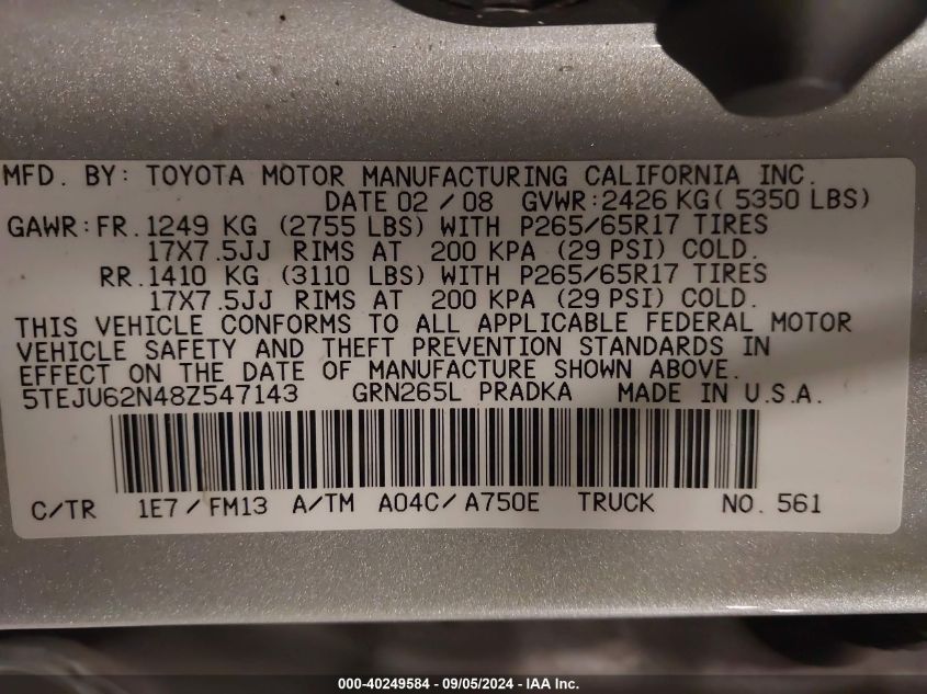 2008 Toyota Tacoma Double Cab Prerunner VIN: 5TEJU62N48Z547143 Lot: 40249584