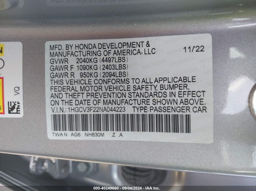 2022 Honda Accord Hybrid Sport VIN: 1HGCV3F22NA044223 Lot: 40249660