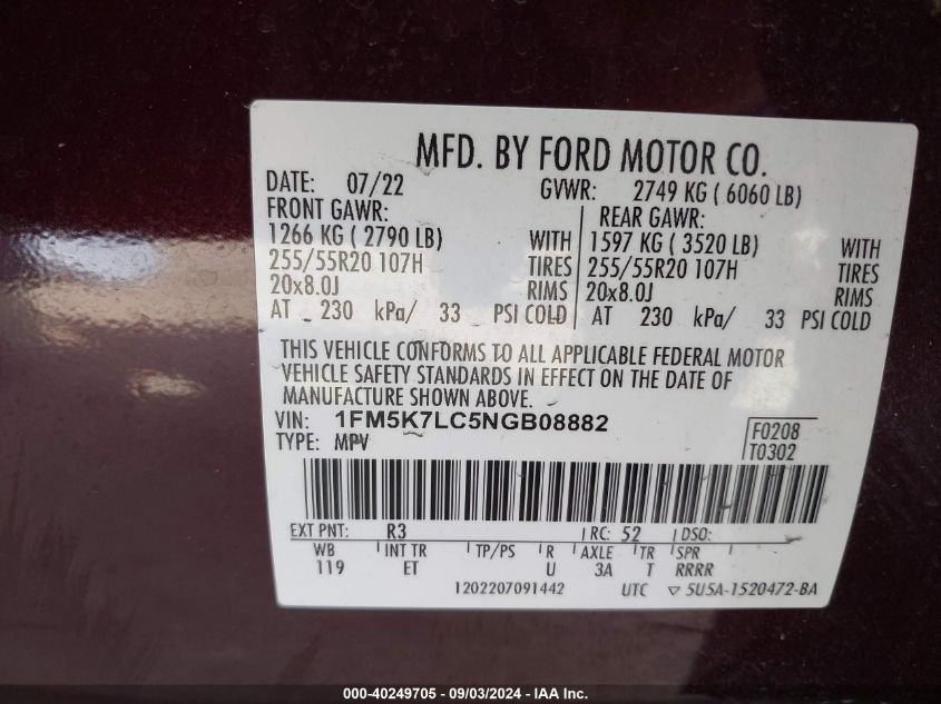 2022 Ford Explorer King Ranch VIN: 1FM5K7LC5NGB08882 Lot: 40249705