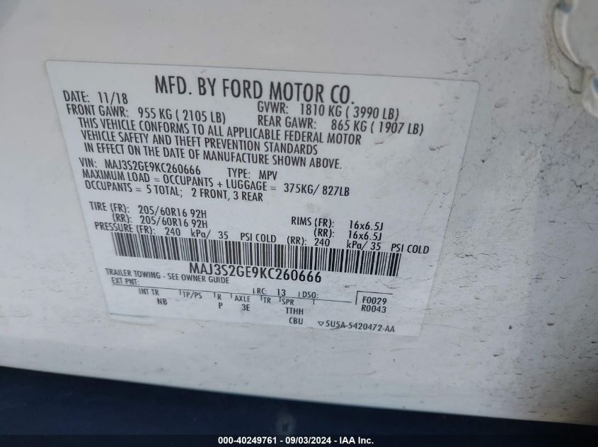 MAJ3S2GE9KC260666 2019 Ford Ecosport Se