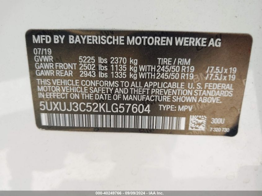 5UXUJ3C52KLG57604 2019 BMW X4 xDrive30I