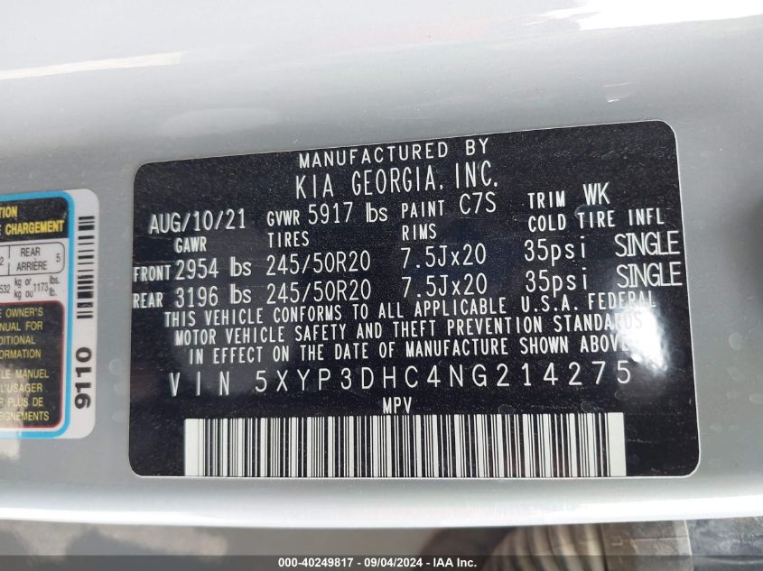 5XYP3DHC4NG214275 2022 Kia Telluride Ex