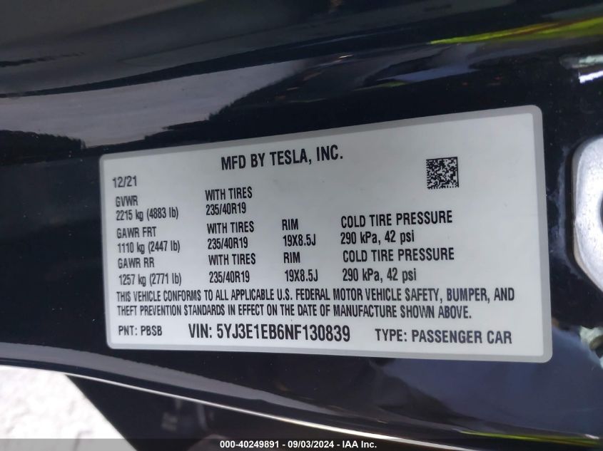 2022 Tesla Model 3 Long Range Dual Motor All-Wheel Drive VIN: 5YJ3E1EB6NF130839 Lot: 40249891