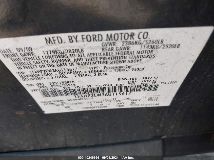 2010 Ford Taurus Sel VIN: 1FAHP2EW3AG115617 Lot: 40249996