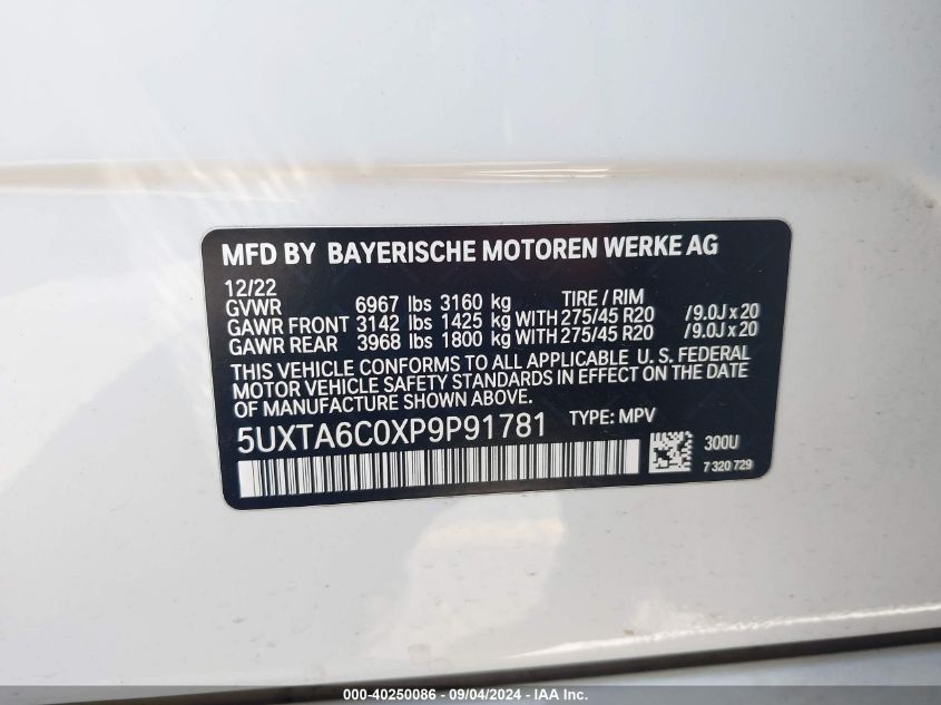 2023 BMW X5 Phev xDrive45E VIN: 5UXTA6C0XP9P91781 Lot: 40250086