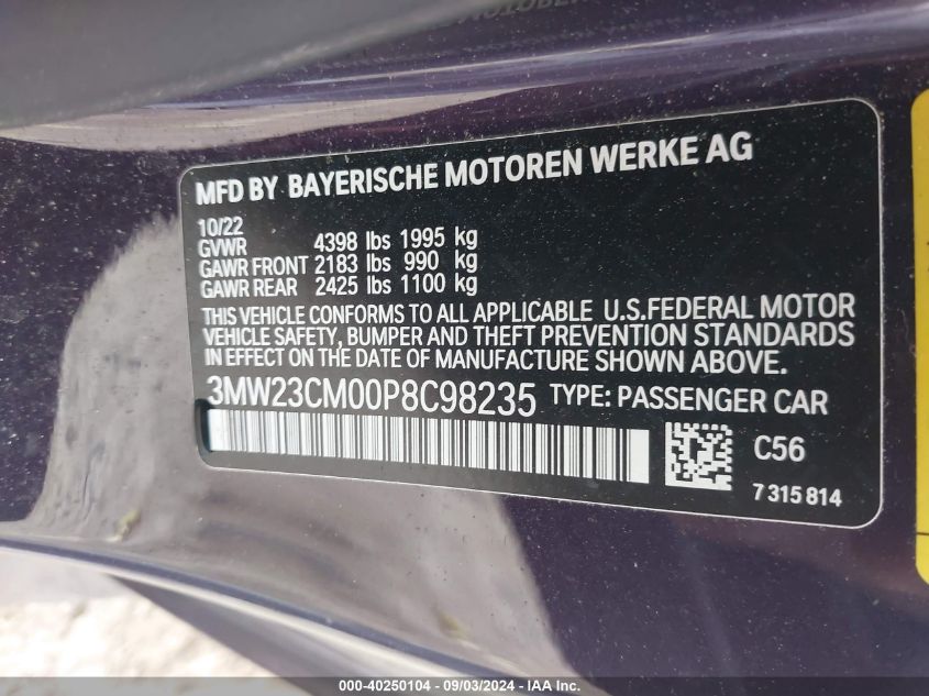 2023 BMW 230 I VIN: 3MW23CM00P8C98235 Lot: 40250104