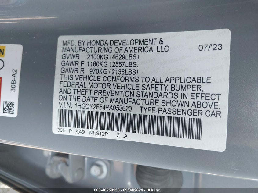 VIN 1HGCY2F54PA053620 2023 HONDA ACCORD HYBRID SPORT