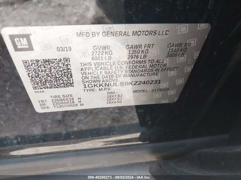 1GKKNULS9KZ240231 2019 GMC Acadia Slt-1