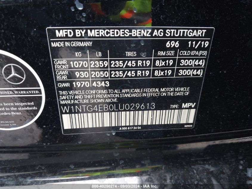 2020 Mercedes-Benz Gla 250 VIN: W1NTG4EB0LU029613 Lot: 40250274