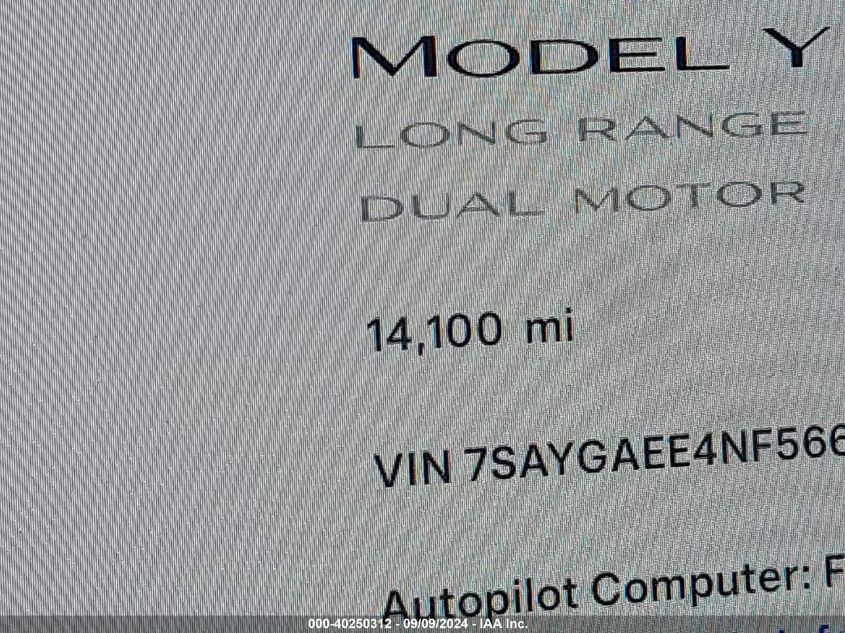 2022 Tesla Model Y Long Range Dual Motor All-Wheel Drive VIN: 7SAYGAEE4NF566361 Lot: 40250312