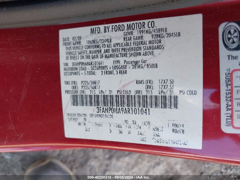 2010 Ford Fusion Se VIN: 3FAHP0HA9AR101041 Lot: 40250318