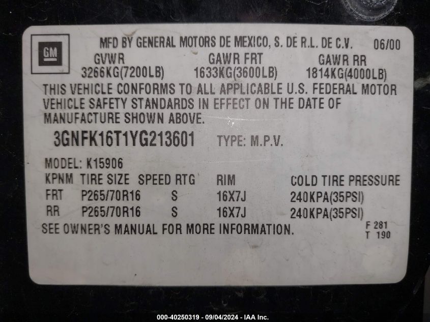 2000 Chevrolet Suburban 1500 Lt VIN: 3GNFK16T1YG213601 Lot: 40250319