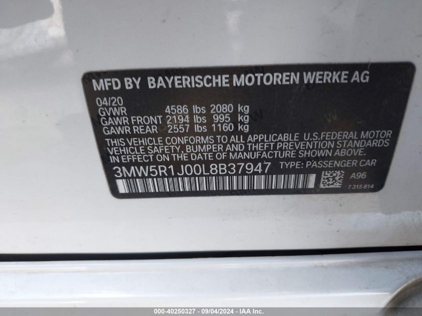 2020 BMW 330I VIN: 3MW5R1J00L8B37947 Lot: 40250327