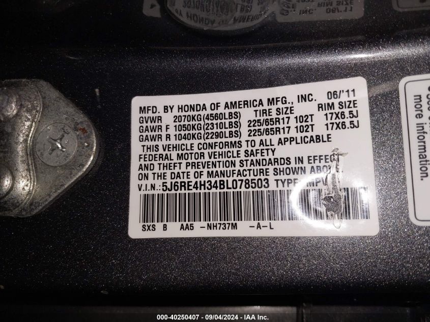 5J6RE4H34BL078503 2011 Honda Cr-V Lx