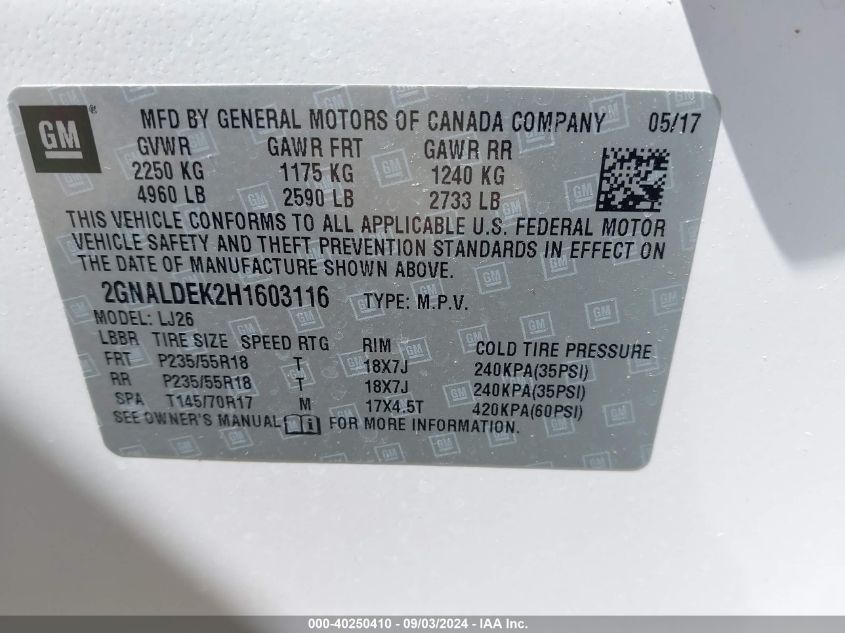 2017 CHEVROLET EQUINOX PREMIER - 2GNALDEK2H1603116