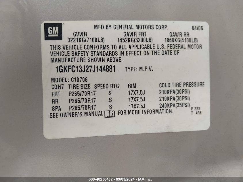 2007 GMC Yukon Commercial Fleet VIN: 1GKFC13J27J144881 Lot: 40250432