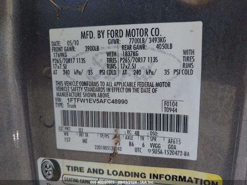 1FTFW1EV5AFC48990 2010 Ford F-150 Fx4/Harley-Davidson/King Ranch/Lariat/Platinum/Xl/Xlt