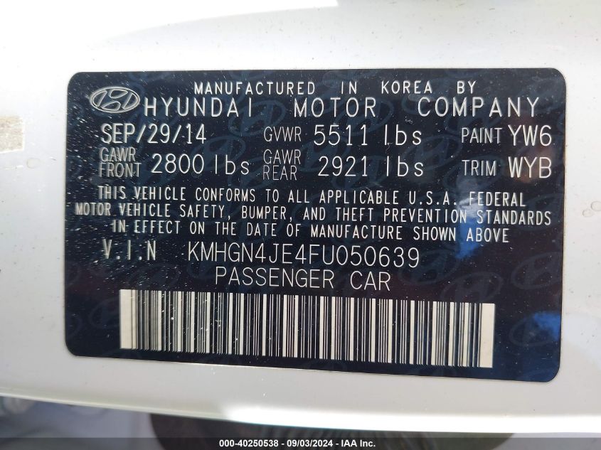 2015 Hyundai Genesis 3.8 VIN: KMHGN4JE4FU050639 Lot: 40250538