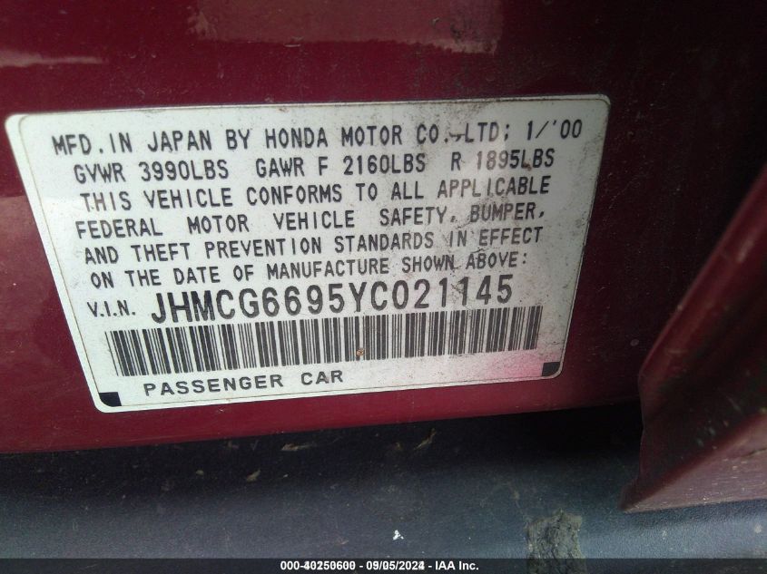 2000 Honda Accord 2.3 Se VIN: JHMCG6695YC021145 Lot: 40250600