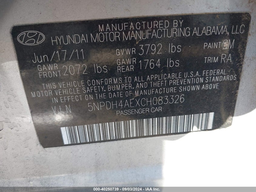 5NPDH4AEXCH083326 2012 Hyundai Elantra Gls