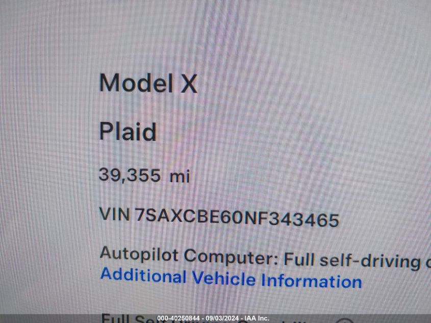 2022 Tesla Model X Plaid Tri Motor All-Wheel Drive VIN: 7SAXCBE60NF343465 Lot: 40250844