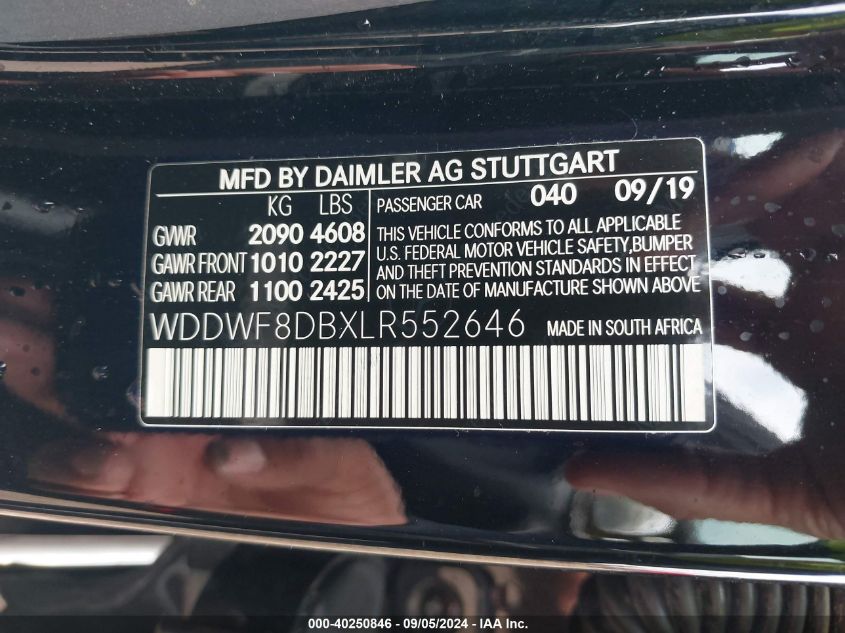 2020 Mercedes-Benz C 300 VIN: WDDWF8DBXLR552646 Lot: 40250846