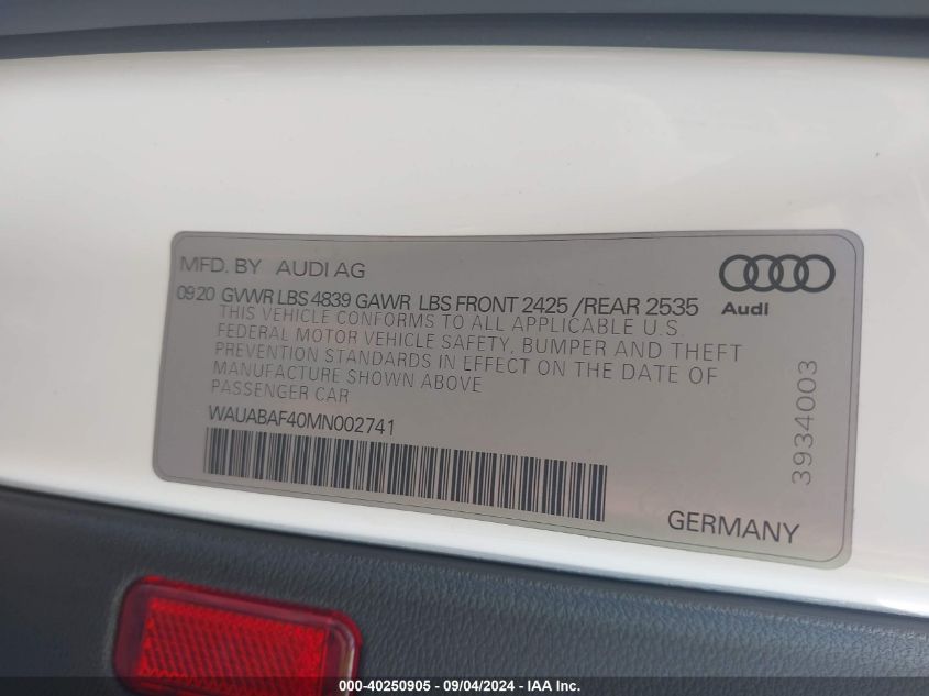 2021 Audi A4 Premium 40 Tfsi Quattro S Tronic VIN: WAUABAF40MN002741 Lot: 40250905