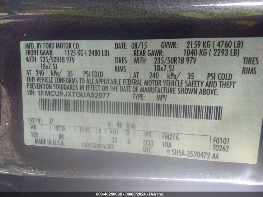 1FMCU9JX7GUA52077 2016 Ford Escape Titanium