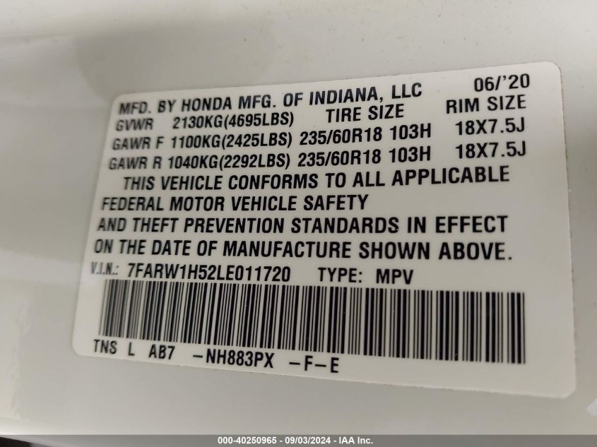 2020 Honda Cr-V 2Wd Ex VIN: 7FARW1H52LE011720 Lot: 40250965