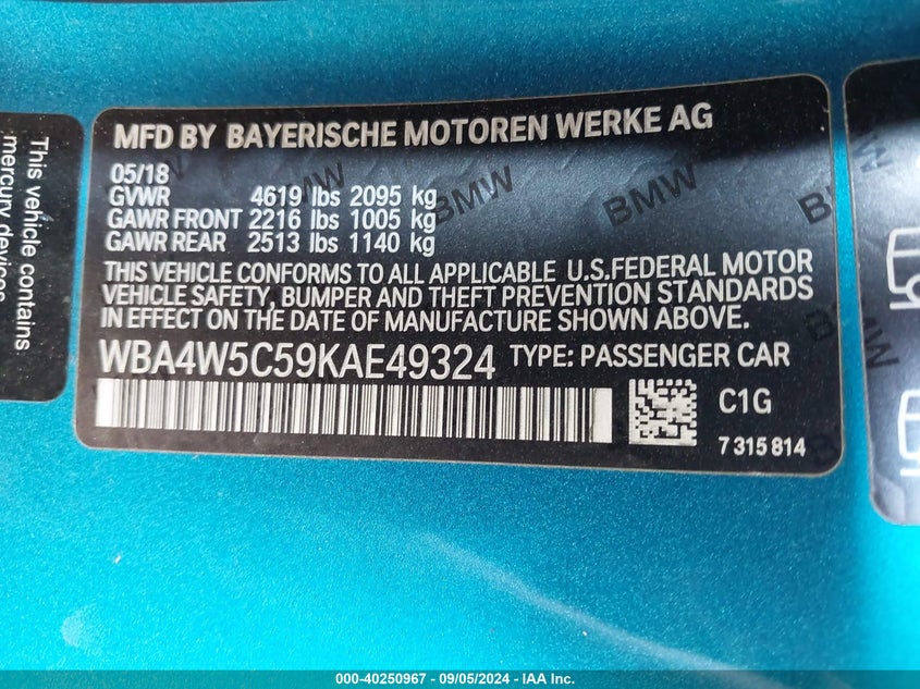 VIN WBA4W5C59KAE49324 2019 BMW 430I XDRIVE