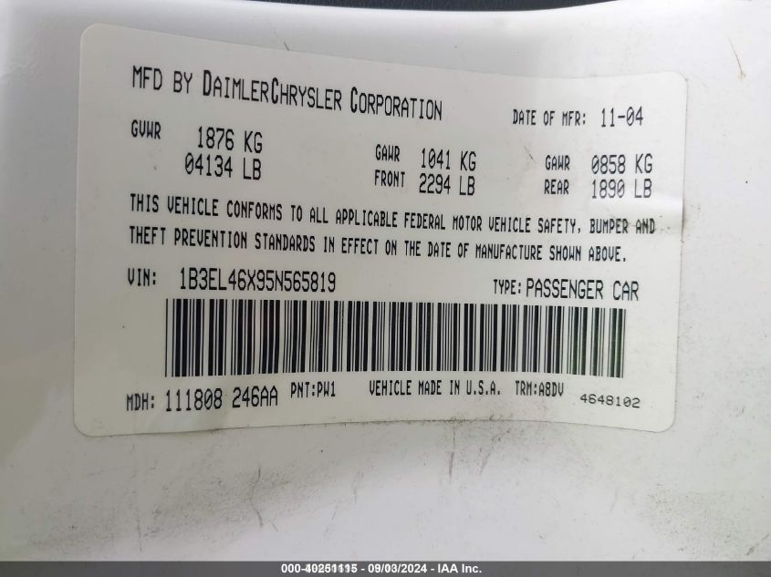 2005 Dodge Stratus Sxt VIN: 1B3EL46X95N565819 Lot: 40251115